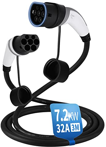 EVIEUN Cavo Ricarica Auto Elettrica Tipo 2 | 32A 7,2KW | Monofase | 3 Metri | per i Veicoli Elettrici e Ibridi Plug-in Tipo 2 a Tipo 2, Compatibile con ID.3 ID.4 Model 3 e-Tron Zoe i3 Leaf e-Golf