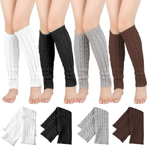 ZEXUPORIUM 4 Paare Winter Stulpen Damen, Häkelarbeit Gestrickte Leg Warmers, 4 Farben Vintage Beinwärmer Beinstulpen Damen für Winter, Frühling und Herbst (Schwarz, Weiß, Grau, Braun