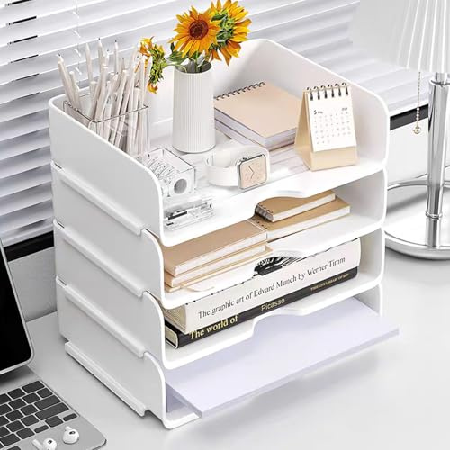 Desk Organiser and Storage, 4-Tier Paper Letter Tray Organiser, White | Stackable White Desktop Organiser, Storage Compartments for Documents, Paper, Book Magazine Storage, Office Supplies