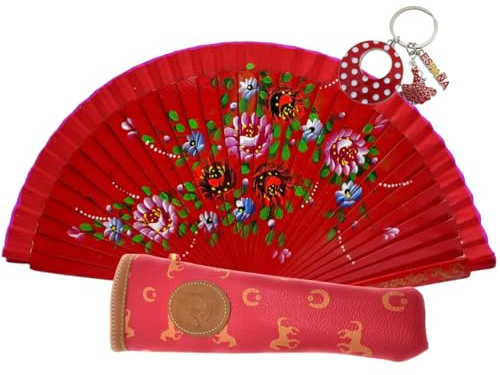 Planta Color Abanico de Madera con Flores Pintadas a Mano. Incluye una Funda Artesanal Hecha en España para Proteger el Abanico. Llavero Incluido con Diseño de Tradiciones Españolas (Rojo 3016)