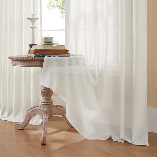 Joydeco Cortinas de Lino Visillo Translúcido con Ojales, Cortinas Modernas Decorativas para Salón Ventana Habitación Dormitorio 140x240 cm Blanco Blanqueado - 2 Piezas