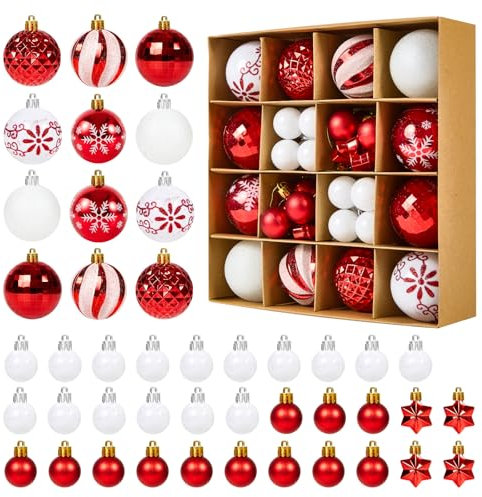 Fuyuleyo 44Pcs Christmas Baubles, Red and White Christmas Tree Decorations Set, Shatterproof Xmas Balls Ornaments Tree Baubles for Hanging Xmas Decorations Festive Holiday Home Decor