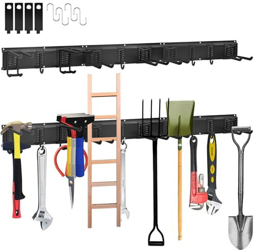 Qupzze Garage Tool Management Wall RackMetall Wandhaken Werkzeugregal für Garage, Keller, Werkstatt, 10 verstellbare Haken, für Besen, Rechen, Werkzeug, Gartengeräte, Skiausrüstung, Stühle