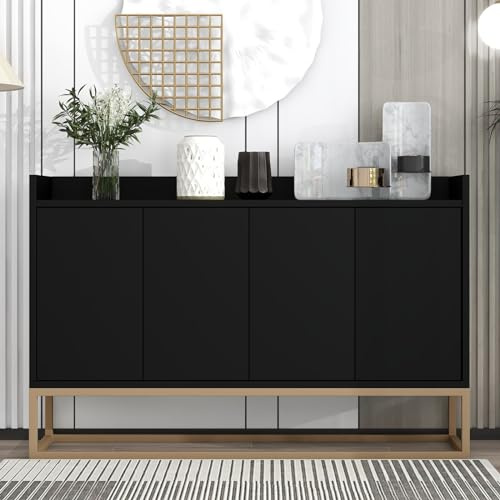 KEFSR Moderno aparador minimalista de 4 puertas para entrada, armario de cocina con estante ajustable, Credenza con patas de acero y vallas para sala de estar (negro)