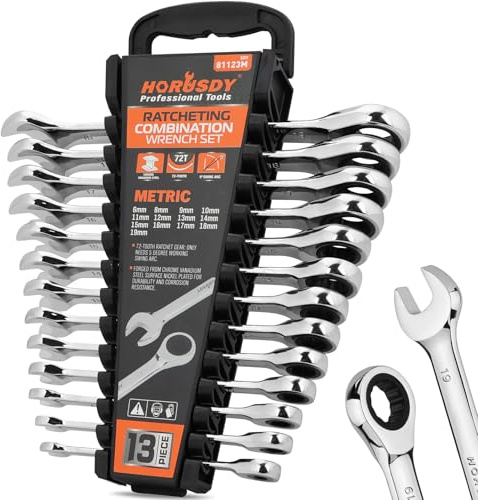 HORUSDY 13-Piece Sturdy Ratcheting Wrench Set | Metric Sizes 6–19mm | Max Torque Ratchet Combination Wrenches Set with Storage Rack | 72-Tooth | Chrome Vanadium Steel