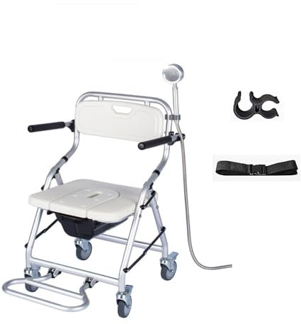 GZGHRZQS Chaise Percée à roulettes Adulte, Chaise Roulante Douche, avec Repose-Pieds Pliable, Fauteuil Roulant Toilette, Toilettenstuhl, Réducteur WC, Sièges de Toilettes, WC Portable, Pot de Chambre