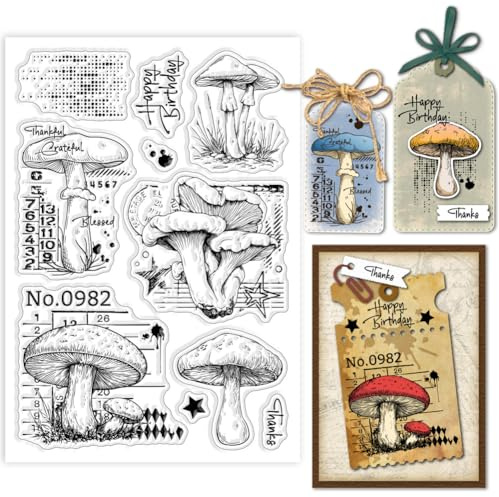 GLOBLELAND Sellos transparentes de silicona con textura retro de hongos vintage, sellos transparentes para felicitación, palabras de felicitación, sellos transparentes para álbumes de recortes,