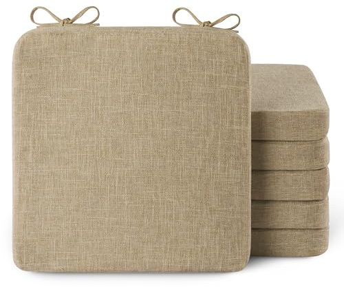 AddGrace Square Chair Cushions for Dining Chairs 6 Pack Non Slip Seat Cushions for Kitchen Chairs Indoor Thick Dining Room Chair Pads with Ties and Removable Cover (40x40x5cm/16'' x 16'' x 2'') Beige