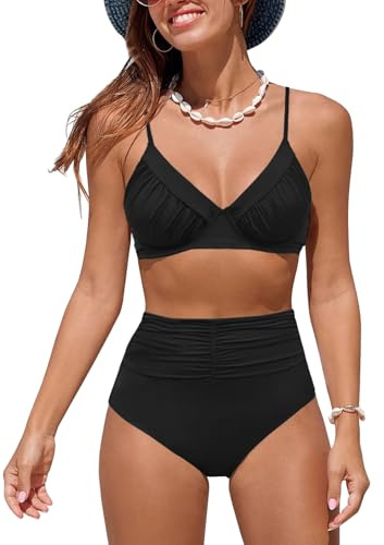 NLAND Maillot de Bain Femme Deux Pièces Taille Haute Col V Sexy Bikini Set Élégant Push Up Ensembles Maillots Licou Vintage Swimwear