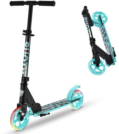 SUOTU Roller Kinder mit 145 mm Rollen, Scooter mit Leuchtrad für 3-12 Jahren, Zusammenklappbarer, Höhenverstellbarer, Cityroller for Boys and Girls, Aluminium (Schwarz und Blau)