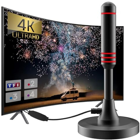 2025 Nouvelle Antenne TV Intérieur Puissante TNT, 500KM Longue Portée et Antenne TV Intérieure à 360 °, pour 1080P 4K Chaînes Télévision Gratuites - 5m de Câble Coaxial & avec Base magnétique (T808)