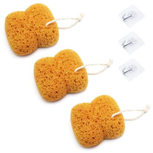 VOSSOT 3 spugne da bagno con cordino, spugna per doccia, corpo 13 cm, spugna per il corpo, spugna naturale, schiuma densa, spugna per doccia, spugna per il lavaggio del corpo con ganci, doccia e bagno