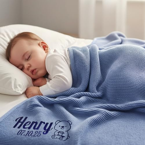 Stepdiy Coperta personalizzata con nome ricamato per neonato, 100% cotone, 80x100 cm, baby shower e primo Natale (Azzurro)