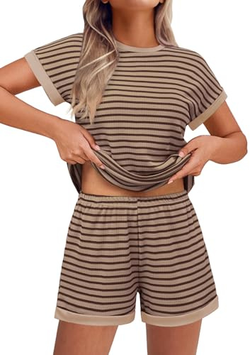 Ekouaer Pigiama Donna Estivo Righe Maniche Corte Set Camicia da Notte Estiva Maglia Testurizzata Abbigliamento Casa Loungewear Tasche Marrone L
