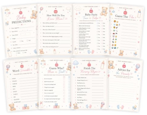 Thymera Baby Shower Games Set – 8 Games on A6 Cards, Gender Neutral, Fun Party Activities for Baby Shower, Available for 10, 20 or 30 Guests (10 Guests)