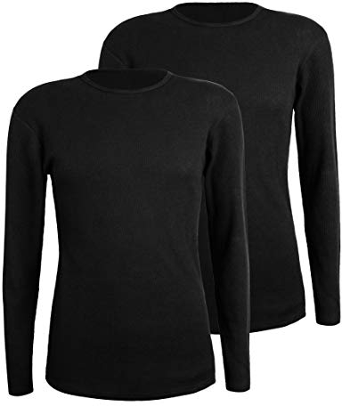 Comfneat Herren 2-Pack Thermounterwäsche Oberteil Langarm Waffle Knit Unterhemd mit Rundhals (Schwarz 2-Pack, XXL)