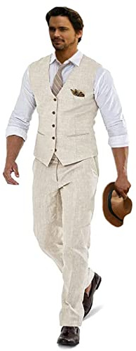 Furuyal Men Suit Casual Wedding Suits Linen Suits for Men 2 Piece Suits Groomsmen Tuxedos Summer Beach Prom Vest and Pants Set Beige-XXL
