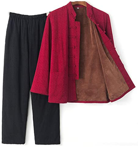 Herren Tang Anzug Kung Fu Kampfanzug Langarm Uniformen Herbst und Winter Plus Samt Traditionelle chinesische Kleidung Verdickte Wärme Tai Chi Anzug Hanfu Mantel Hose, rot, 4X-Large
