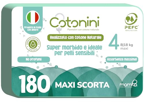 Mamila Pannolini Taglia 4 180pz (8-18 kg) con Cotone Naturale Made in Italy, Cotonini Ultra Assorbenti, Sottili e Ipoallergenici Pannolino Unisex Ideale per Neonati con Pelli Sensibili