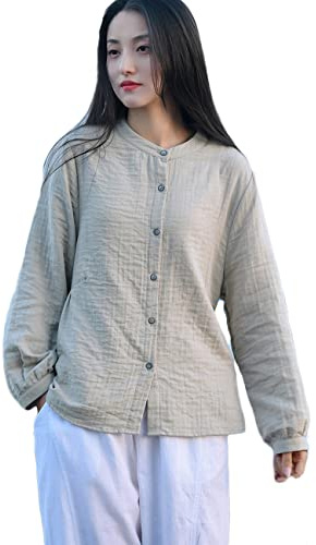 NFYM Franelas Mujeres, Camisa de manga larga con botones para mujer, blusa de algodón arrugado, casual, suave, ajuste regular, color liso, Gris, Large