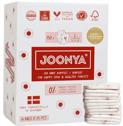 Joonya Pannolini per neonati, taglia 4 L (7-4 kg), 6 sacchetti da 25 (150 pezzi), atossici, ecologici, ultra sottili, per uso notturno, prodotti in Danimarca