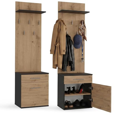 CDF Garderobe Schuhschrank Flurgarderobe Garderobenpaneel Eingangsschrank mit Kleiderhaken Jackenaufhänger Wandgarderobe Kompaktgarderobe Schmal Flurgarderobe Set Schuhbank Anthrazit/Eiche Artisan