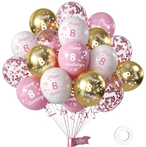 Yiran Décoration Happy Birthday - Ballons blancs et or rose pour 8e anniversaire fille - Lot de 16