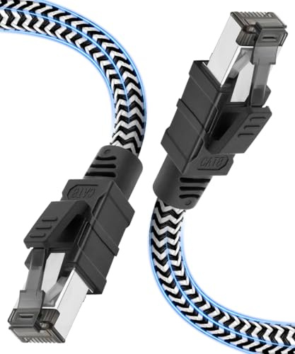 Qiuean Cat 8 LAN Kabel 20m, Nylon Geflochtenes Netzwerkkabel, 40 Gbit/s 2000 MHz Hochgeschwindigkeits-Ethernetkabel, Patchkabel mit Vernickeltem RJ45-Stecker für PS5, Laptop, Router, Gaming, Modem