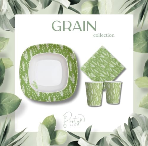 PartyBIO Set Grano 110 Pezzi Stoviglie Biodegradabili Monouso per Feste – Piatti Carta, Bicchieri, Tovaglioli Compostabili per 20 Persone – Ecologiche, Usa e Getta, per Compleanni, Eventi, Picnic