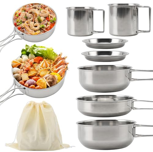 7PCS Backpacking Campeggio Pentole In Acciaio Inox Pentole & Padelle Set Portatile Mini Picnic Campeggio Cottura Mess Kit Attrezzatura da Campeggio per Escursioni All'aperto