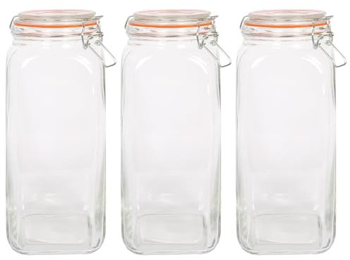 Argon Tableware 2L Square Glass Jars with Clip-top Lids - 3pc Airtight Kitchen Mason Jar Food Storage Preserving Container for Pickling, Chutney, Jam, Coffee, Oats