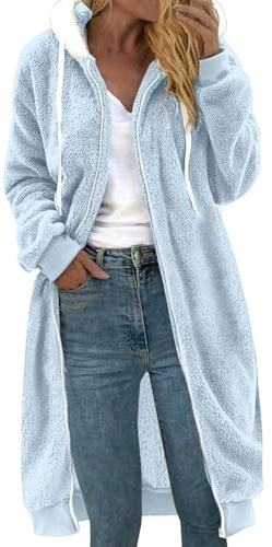Abrigos de invierno para mujer, de manga larga, con bolsillo sólido, con botones, suéter de punto con capucha, abrigo largo para mujer de talla grande, azul celeste, XXL