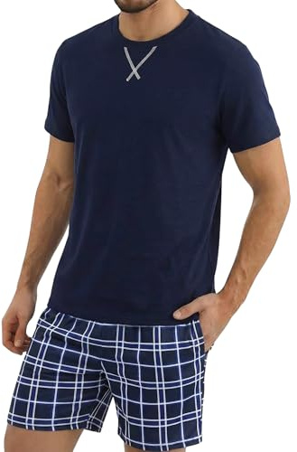 Demegimi Pigiama Uomo Estivo Cotone Pigiama da Uomo a Quadri Set Due Pezzi con Maglietta a Maniche Corte e Collo Rotondo Pantaloni con Tasche