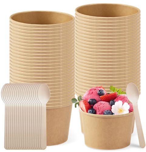 50 Stück Umweltfreundliche Universal Karton Eisbecher, 240ml Eisbecher aus Papier mit 50 Stück Löffel, Eisbecher Pappe, Kompostierbare Becher Braun, Papier-Snackbecher für EIS, Dessert, Fingerfood