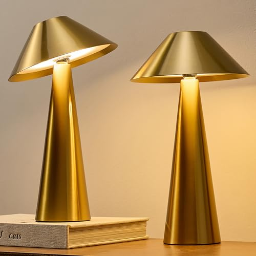 Bojim 2 Gold Mushroom Table Lamp LED Touch Battery Operated USB Rechargeable Swivel Head for Home, Modern Brass Lamps Portable Wireless Bedside Reading IP54 Waterproof Cordless Outdoor Garden Kitchen