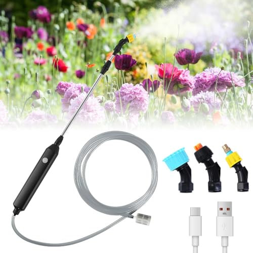 Akku Drucksprüher, Afenau Elektrischer Pflanzensprüher mit 3 Verstellbar Düsen und 5m Schlauch, Dehnbar 55CM Drucksprüher Akku, Tragbarer Drucksprüher Elektrisch, Akku Gartenspritze für Hof Reinigung