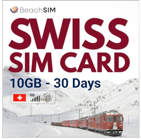 BeachSIM Tarjeta SIM Suiza 30 días. 10GB de Datos con Velocidad 4G/5G. Solo Datos prepagados. Activación rápida. Recarga fácil.