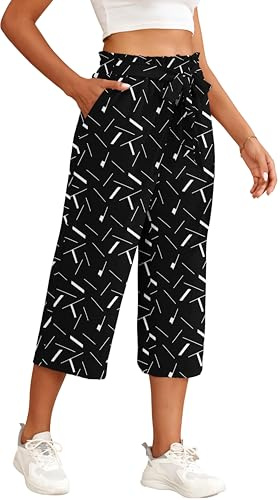 WUWUSKY Pantalones Culotte 3/4 Capri para Mujer Verano Cintura Alta Tela Transpirable y Ligera con Bolsillos Estilo Casual, Negro/Línea Blanco, S