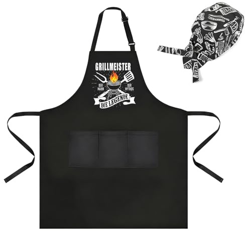 LIULINY Delantales Personalizados y Gorro Cocina Mujer, Delantal Personalizado Hombre Ajustable con 3 Bolsillos, Delantales de Cocina Hombre Mujer Impermeable para Cocina, Restaurante y Bar