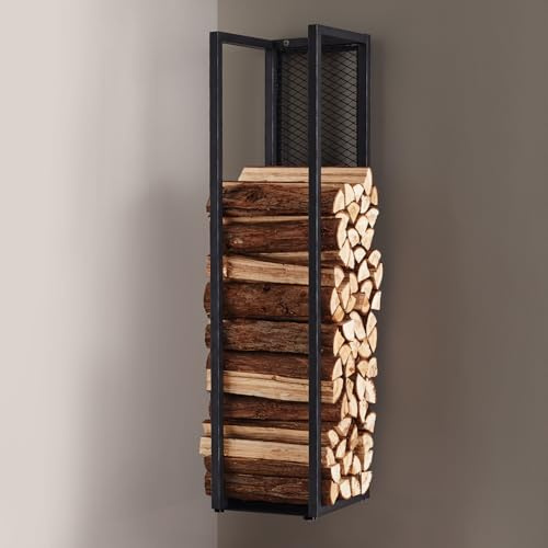 DENMOSTY Metall Kaminholzregal Innen mit Rückwand, Wand Brennholzregal Innen 100 cm Kaminholzständer Feuerholzregal Schwarz für Kaminholz Brennholz, Kaminholzhalter Kaminholzlager innen & außen