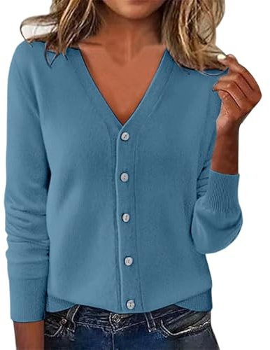 Chaqueta Punto Mujers Cardigan Elegante Otoño Color Liso Cuello En V Botón Manga Larga Rebeca Fina Cómodo y Transpirable Suave Talla Grande Chaquetas Punto