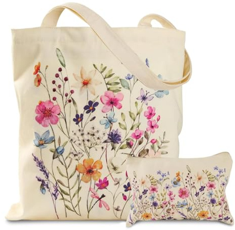 Tote Bags for Women, Tote Bag With Zip, With Zipper & Small Pouch For Women, Reusable Large Tote Bag, Floral Printed Large Everything ToteBag & Matching Makeup Pouch For Gym, College, Shopping