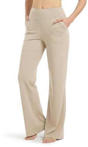 Zylioo utsvängda leggings med långa ben yogabyxor dam lång/extra långa, ogenomskinliga bootcut leggings stor/extra stor, träningsbyxor bootleg jazzbyxor, Khaki-brett ben, M Tall