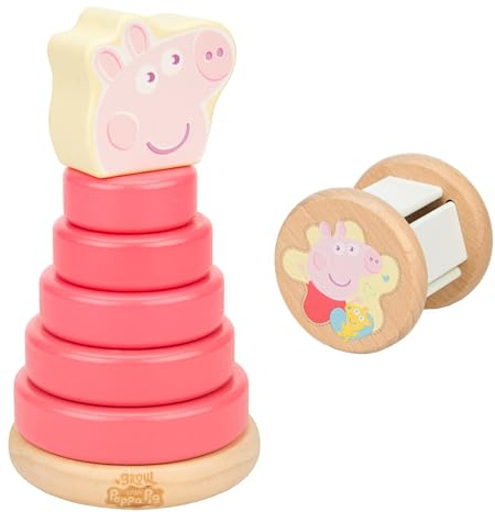 Peppa Pig Wooden Roller Rattle and Topple Tower Gift Set Toddler Learning Toys for Stacking Shaking Sensory Play Fine Motor Skills for Ages 12 Months Plus