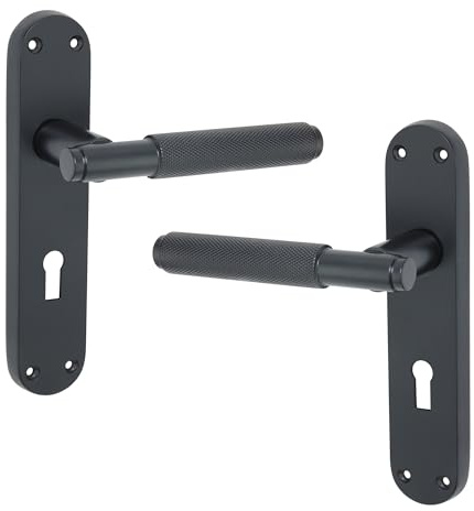 LYRA Modern Style Knurled Design Euro Lever Lock Door Handle on Backplate Set 185mm x 40mm Matt Black Passage Pulls β for Internal & External Door