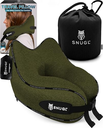 SNUGL Travel Pillow – Memory Foam Neck Pillow for Travel – Support Cushion for Airplane with Carry Bag & Clip - Holiday Essentials (Olive Green - Adult Regular)