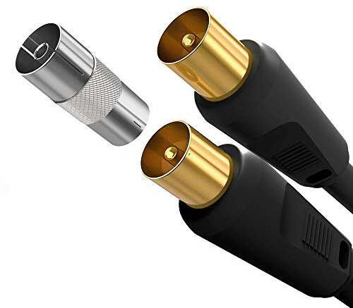 Ancable 2M TV Aerial Coaxial Cable Male to Male, Satellite Cable RF TV Antenna Coax Lead to PAL Male Gold Plated Connectors Black Flylead for Sky/SkyHD, Virgin, BT,TV, VCR or DVD players with Coupler
