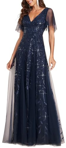 Ever-Pretty Women's Sequin Formal Dress Sparkly V-Neck Short Sleeve A-Line Floor Length Prom Evening Gown Navy Blue US16