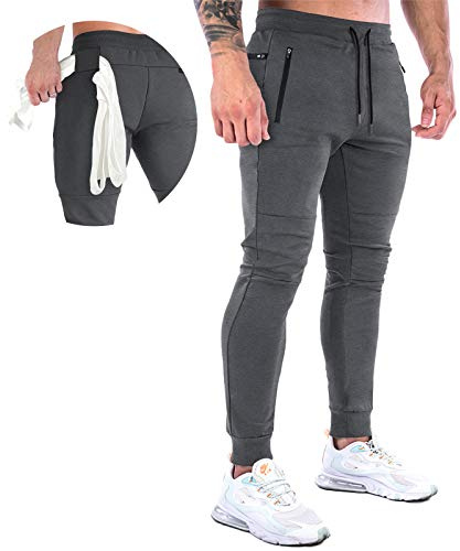 MakingDa Tracksuit Bottoms Men Slim Fit Gym Joggers Training Pants Tapered Skinny Cuffed Sweatpants Jogging Activewear Trousers Elastic Waist Drawstring Zip Pockets-Dark Grey-M