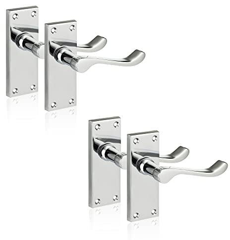 XFORT Chrome Elegance Range Polished Chrome Victorian Scroll Lever Latch Handles, Polished Chrome Backplate Door Handles, Contemporary Design for Internal Wooden Doors (2 Pairs)